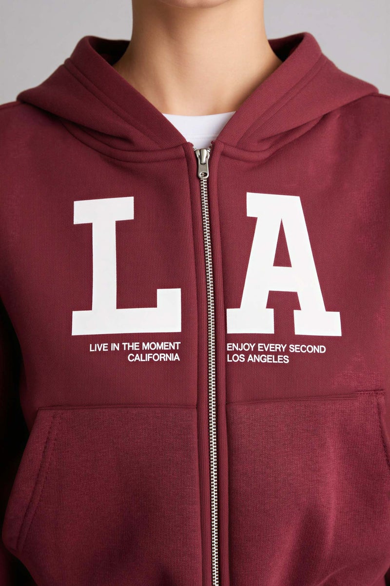 DeFacto Red Woman Cropped Fit Hooded Printed Zippered Sweatshirt Casual - Image 5